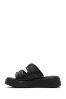 Women's Black Double Buckle Thick-Soled Leather Comfort Slippers | Derimod