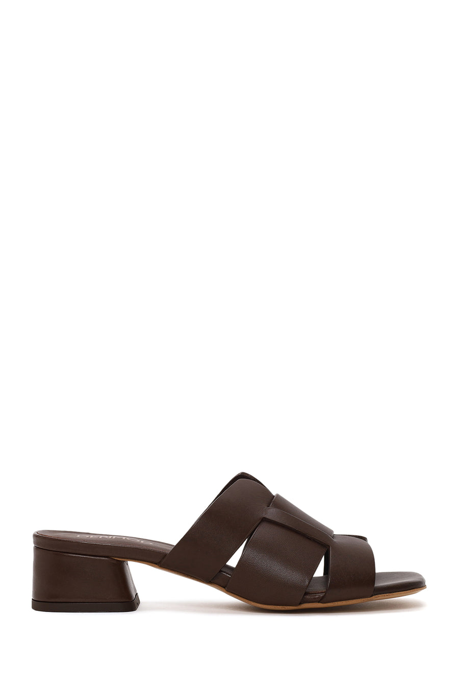 Woman Brown Short Thick-Heeled Leather Slipper 26SFD141818 | Derimod