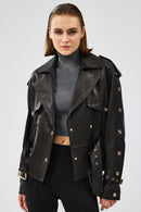 Crystal Women's Black Biker Leather Jacket | Derimod