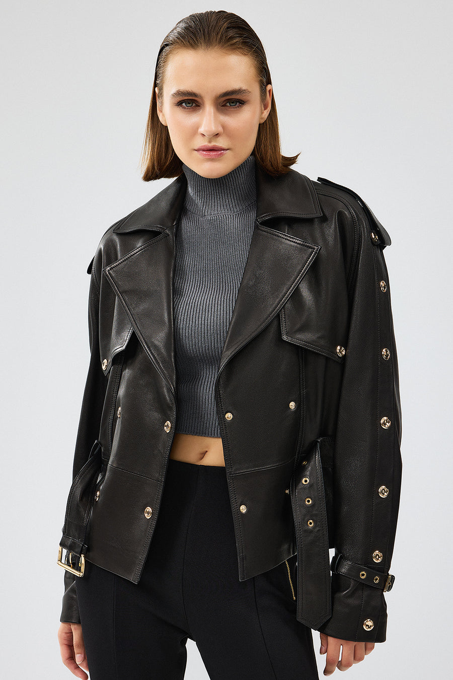 Crystal Women's Black Biker Leather Jacket