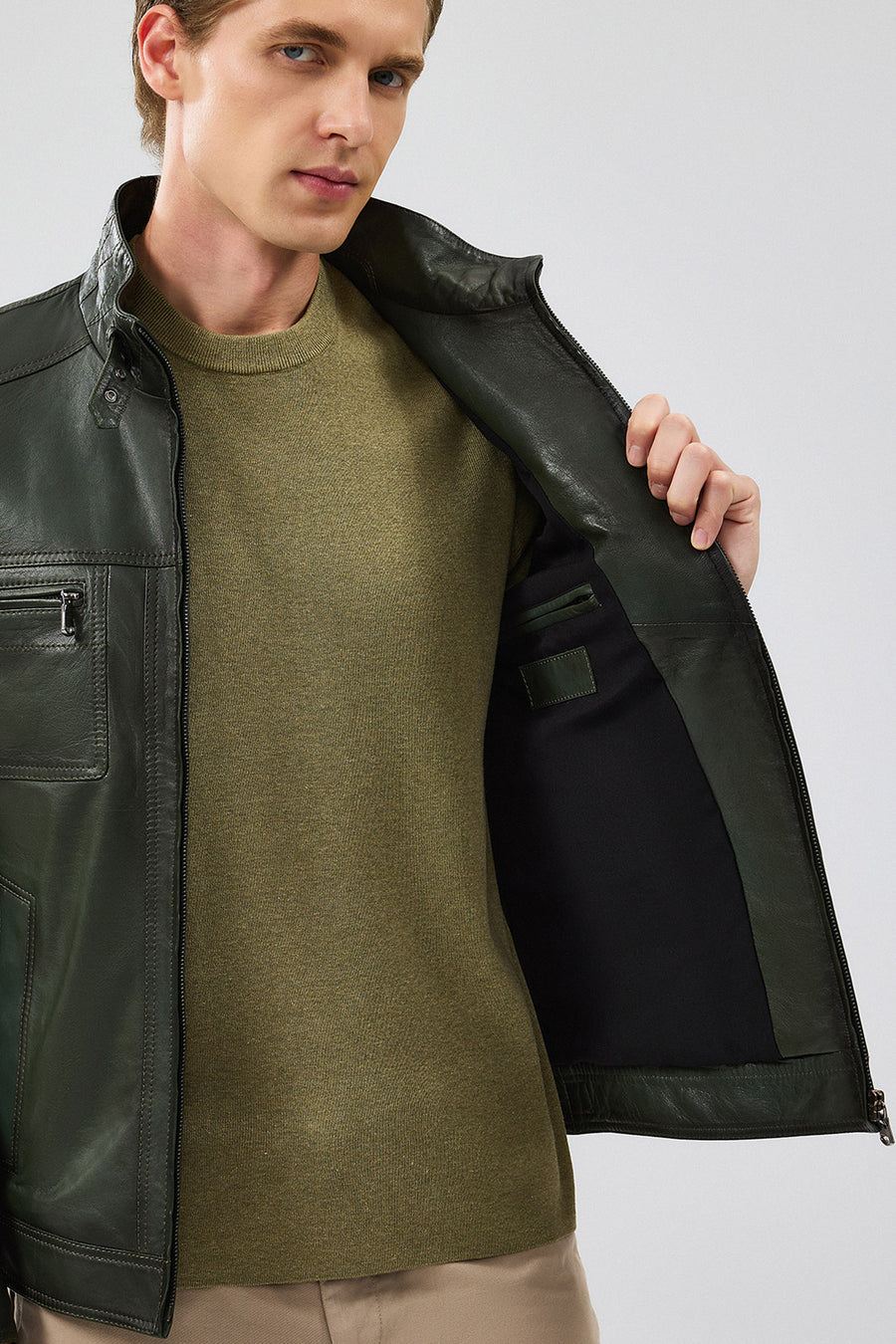 Wade Men's Khaki Slim-Fit Leather Coat