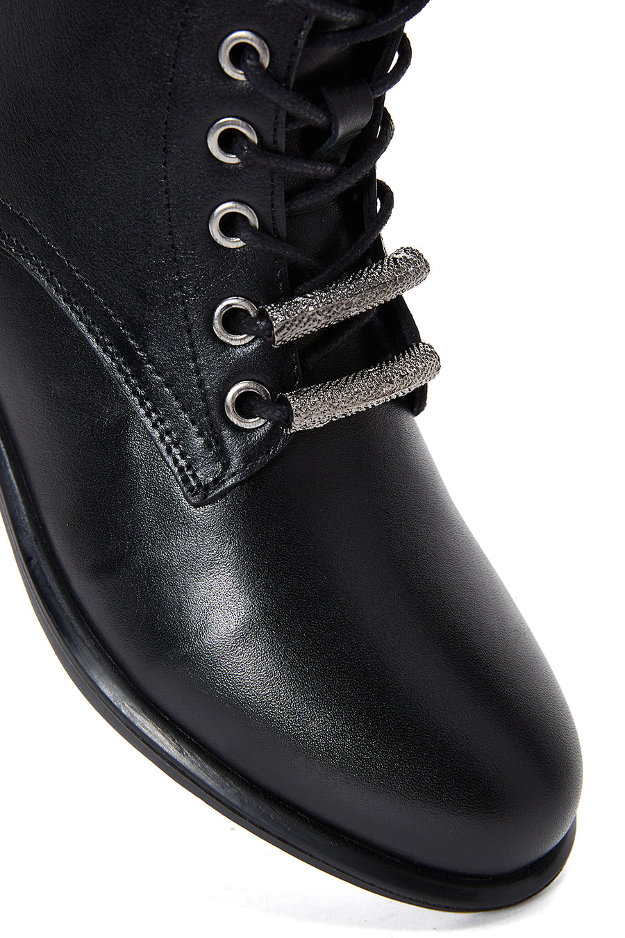 Women's Black Lace-Up Zipper Detailed Leather Combat Boots
