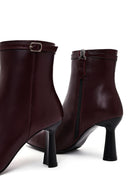 Women's Burgundy Zip-Up Leather Heeled Boots | Derimod