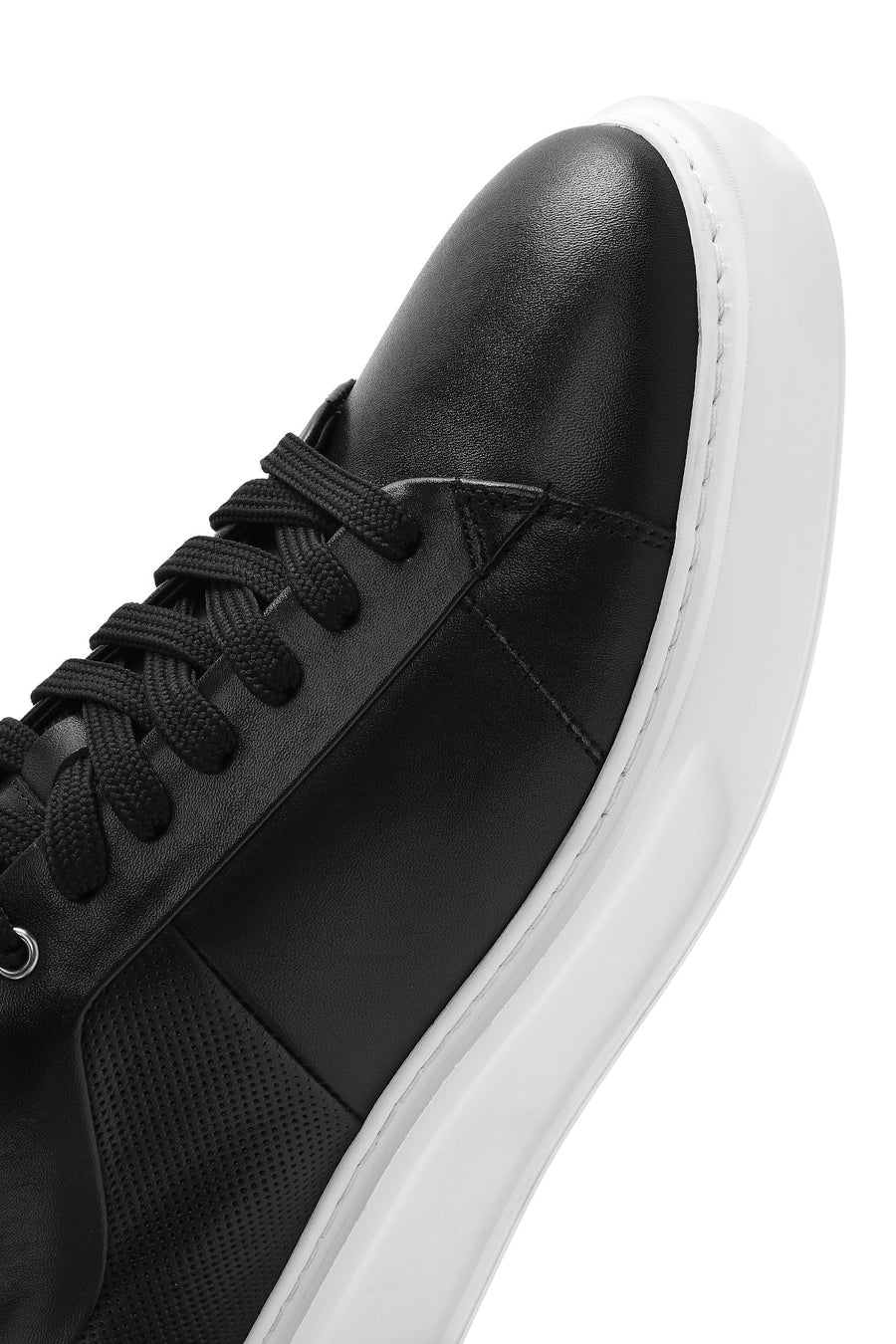 Men's Black Lace-up Thick-Sole Leather Sneaker