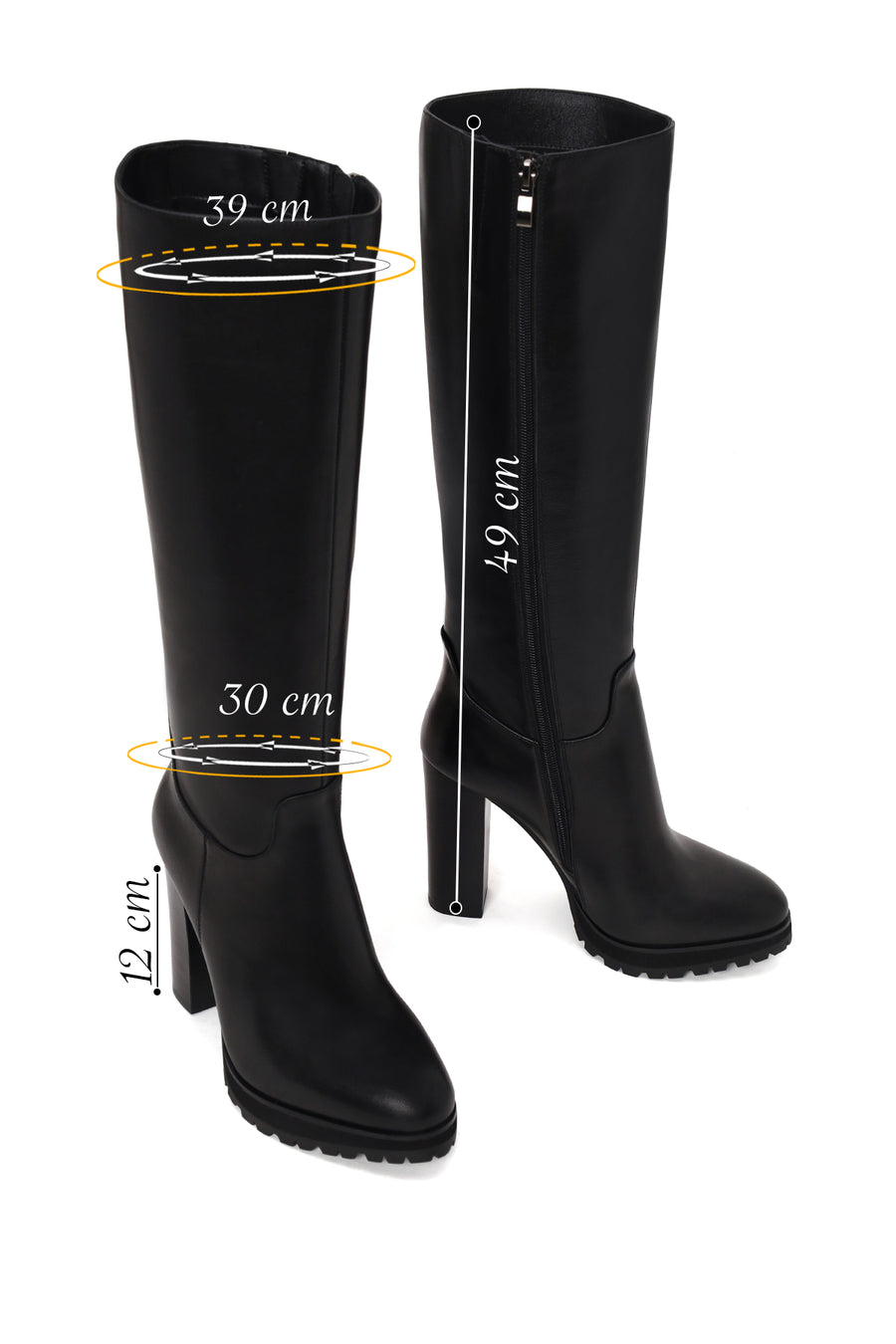 Woman Black Zip Closure High Thick-Heeled Leather Boots
