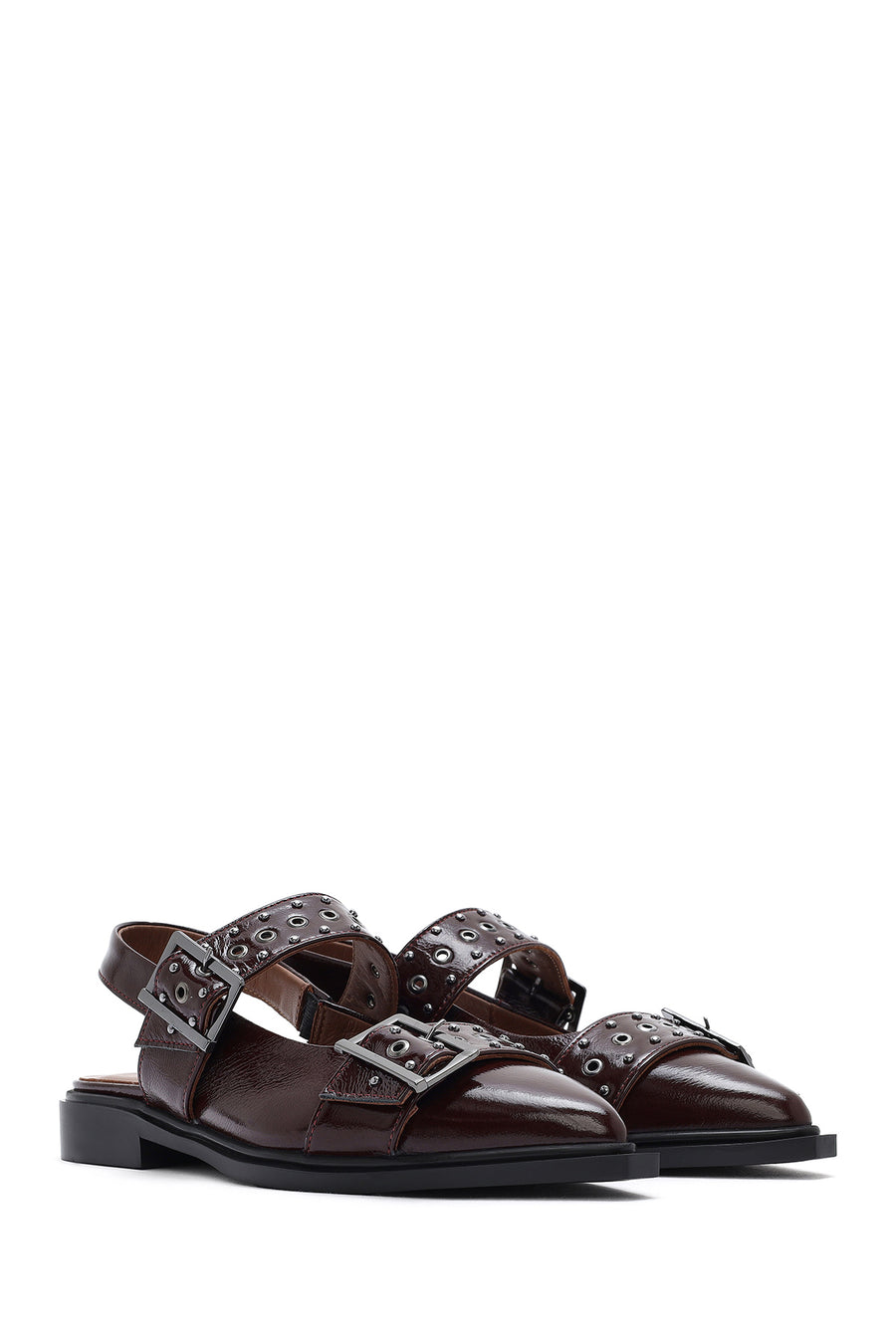 Women's Claret Red Open Back Buckled Patent Leather Ballerinas