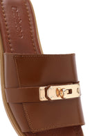 Women's Brown Buckled Leather Slippers | Derimod