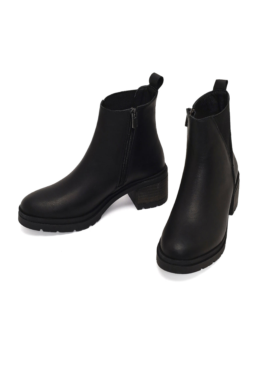 Women's Black Zippered Thick Heeled Leather Boot