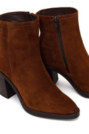 Woman Walnut Zip Closure Chunky Heeled Suede Boots | Derimod
