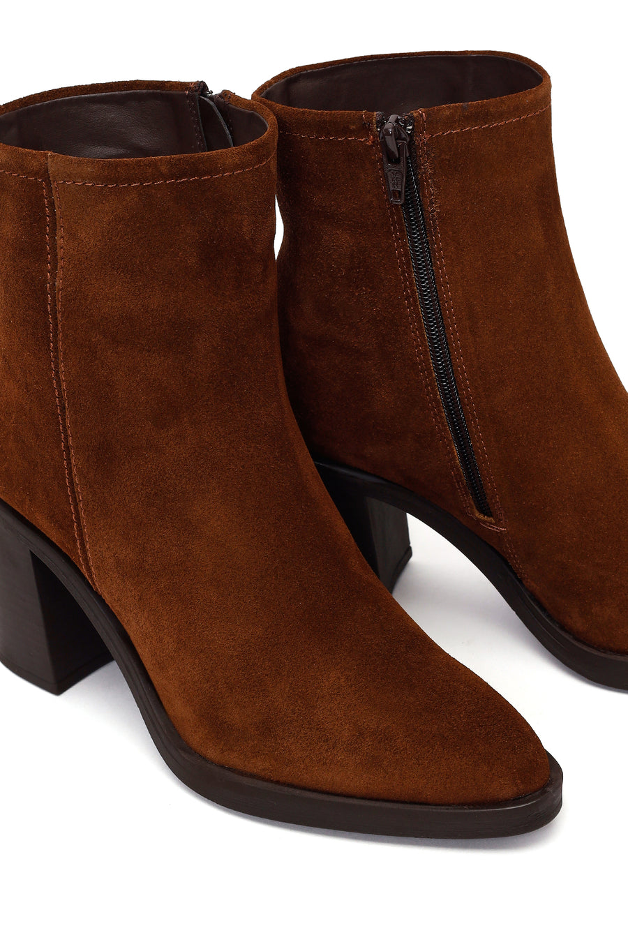 Woman Walnut Zip Closure Chunky Heeled Suede Boots
