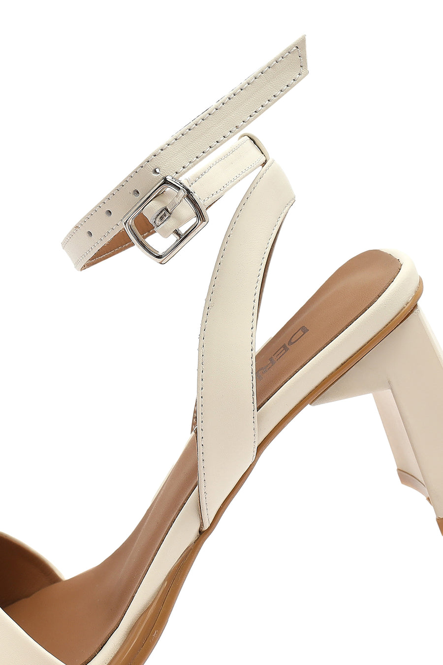 Women's Cream Ankle Buckle Thick Heel Leather Sandals