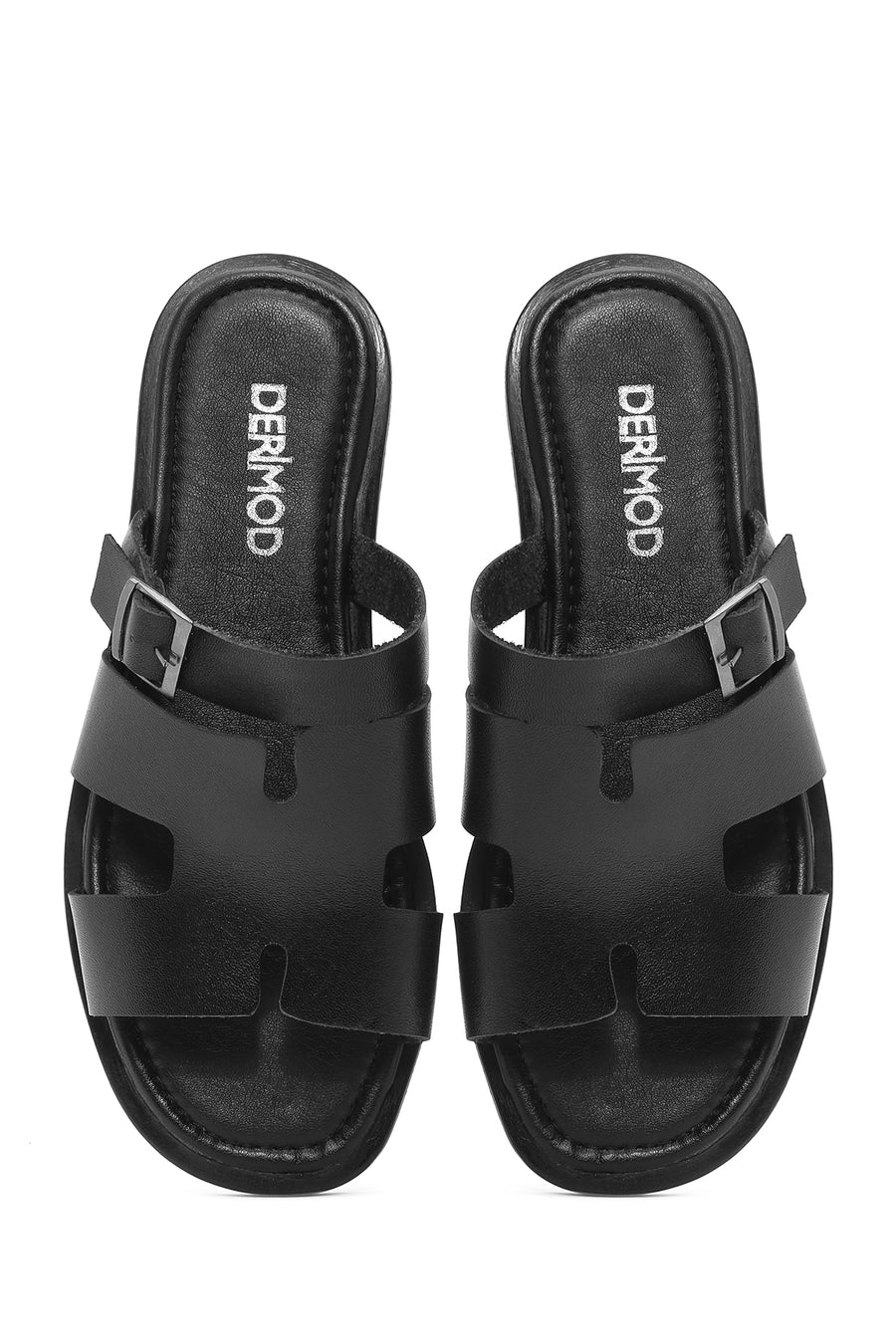 Women's Black Buckle Leather Slippers