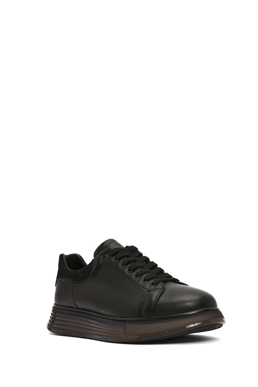 Men's Black Lace-up Thick-Sole Leather Sneaker