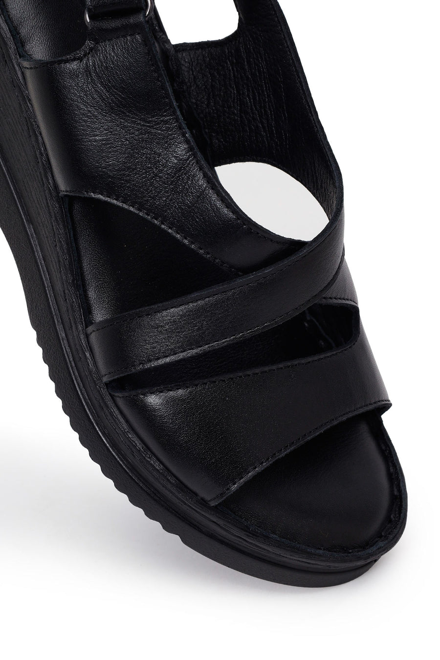 Woman Black Wedge Heel Leather Comfort Sandal
