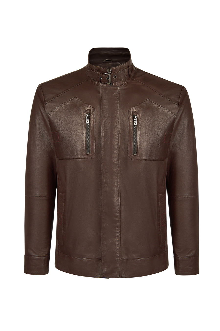 Dybala Male Brown Stand Collar Leather Jacket
