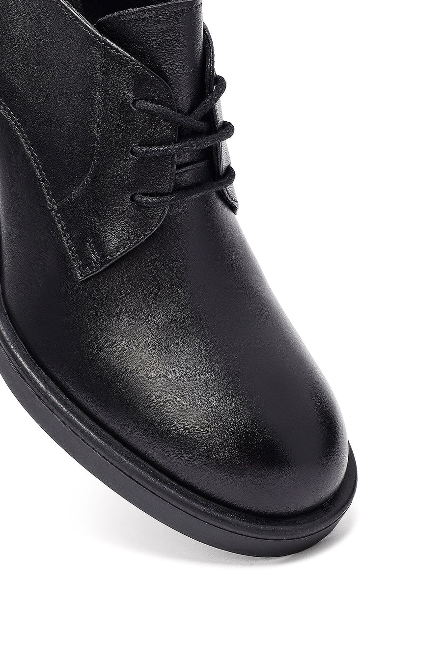 Woman Black Lace-Up Chunky Heeled Leather Masculine Shoes