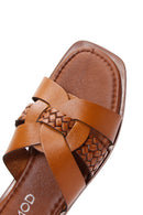 Women's Brown Knitted Detailed Leather Slippers | Derimod