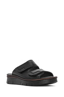 Woman Black Double Banded Leather Comfort Slippers | Derimod