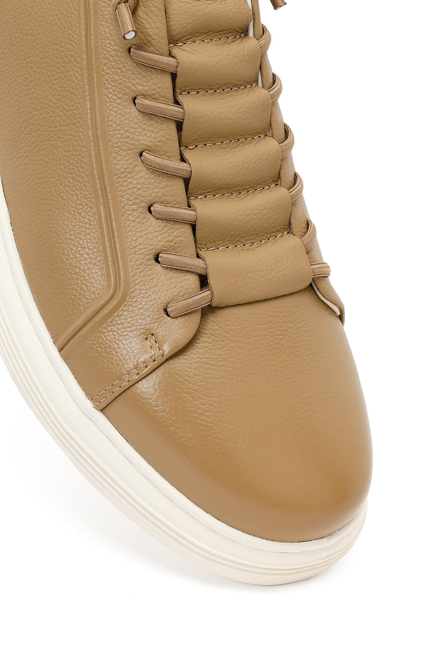 Erkek Bej Bağcıklı Deri Sneaker