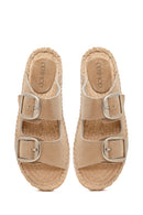 Women's Beige Buckled Suede Leather Espadrille Slippers | Derimod