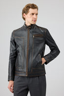Felibe Men Black Stand Collar Vintage Leather Jacket | Derimod