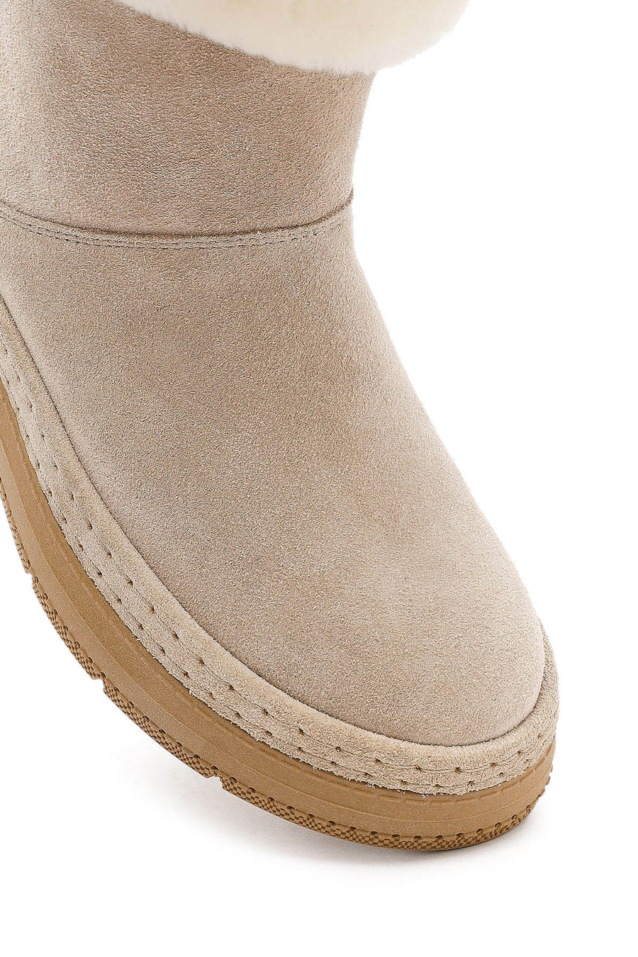 Woman Beige Thick-Soled Suede with Fur Detail Leather Boat
