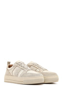 Woman Beige Lace-up Patterned Leather Sneaker | Derimod