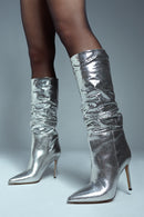 Women's Grey Thin Heel Metallic Leather Boots | Derimod