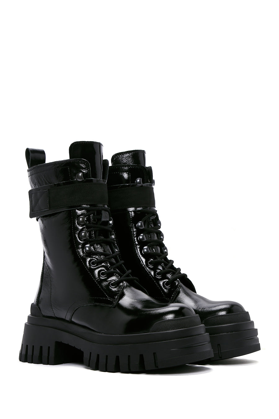 Women's Black Patent Leather Thick Soled Boots