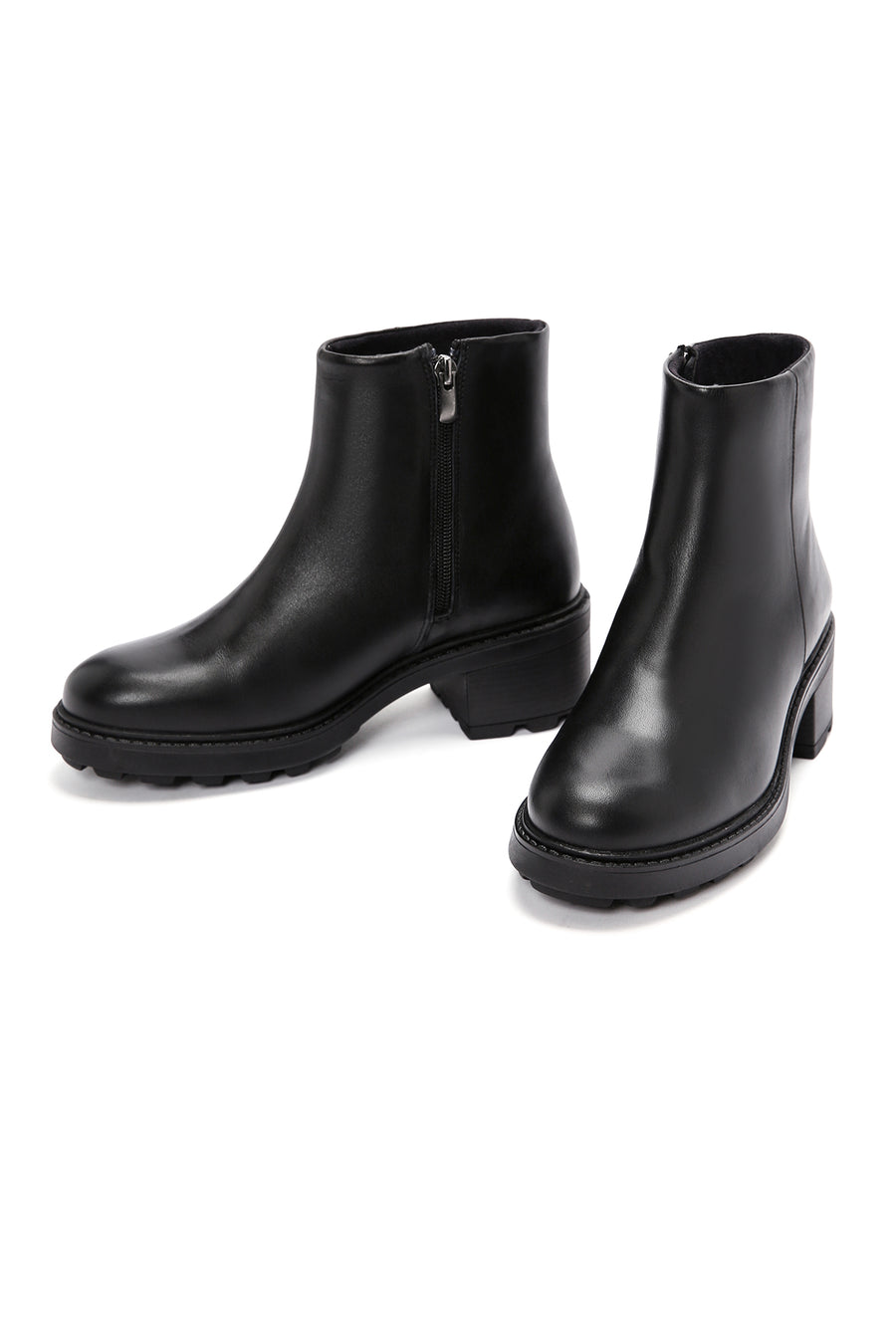 Women's Black Zippered Thick Heeled Leather Boots