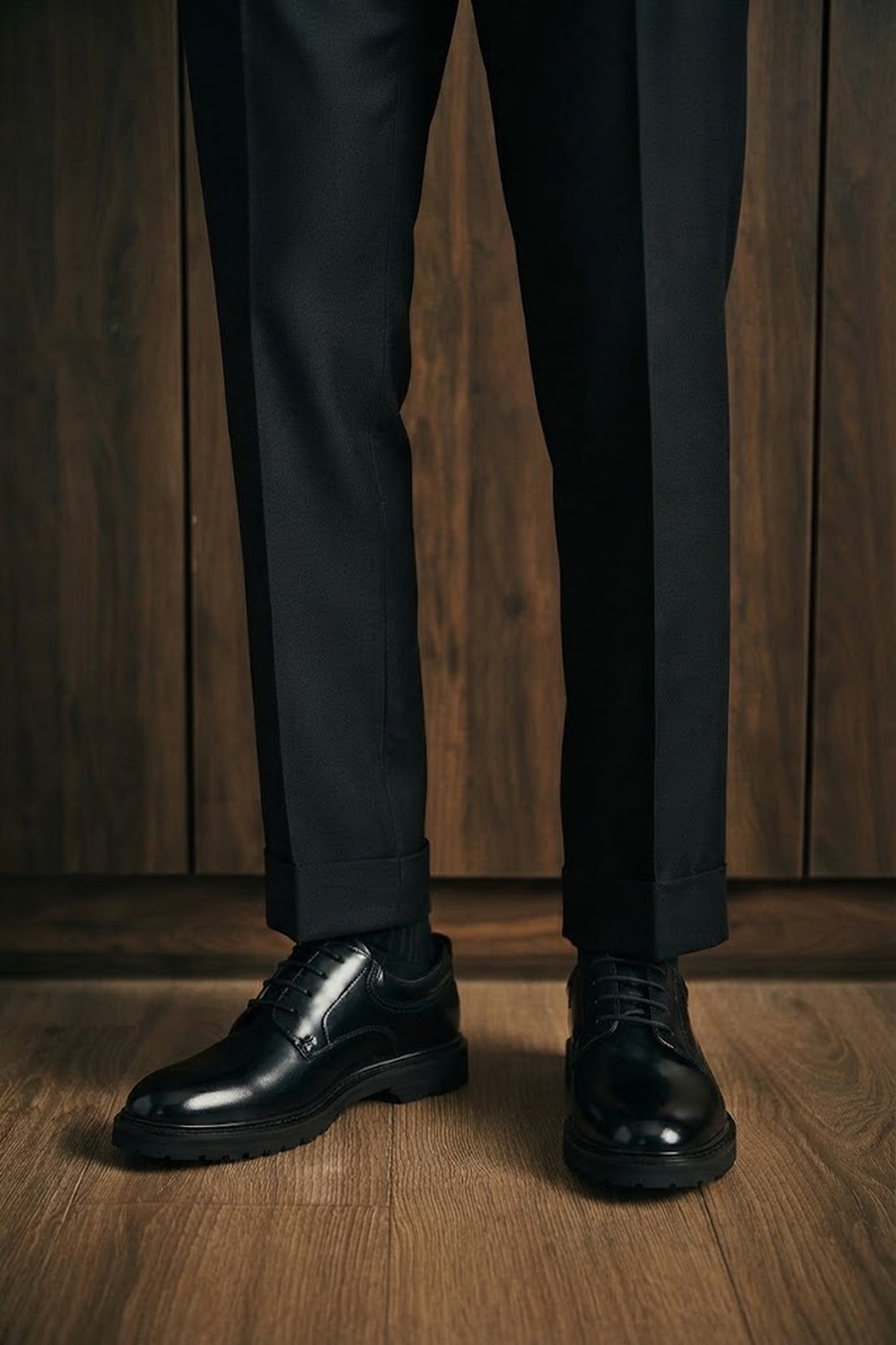 Male Black Lace-Up Thick-Soled Leather Casual Shoes