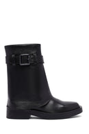 Women's Black Buckled Biker Leather Boot | Derimod