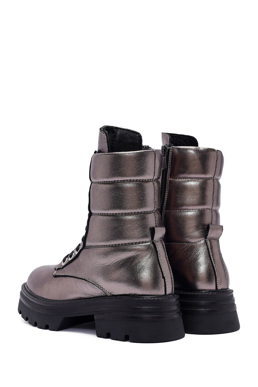 Women's Bronze Zipper Metallic Leather Combat Boots