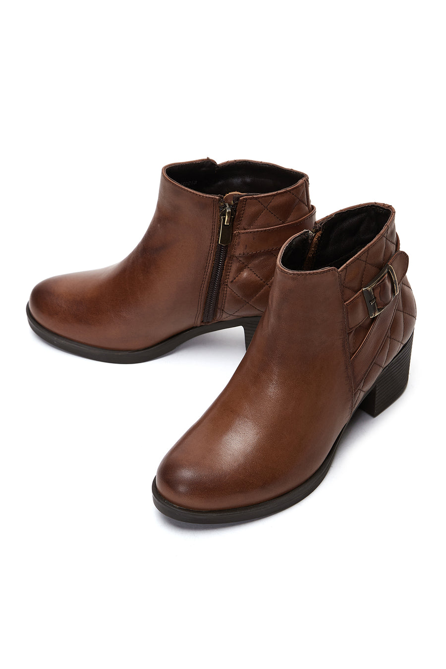 Women's Brown Zippered Buckle Detailed Thick Heeled Leather Boots