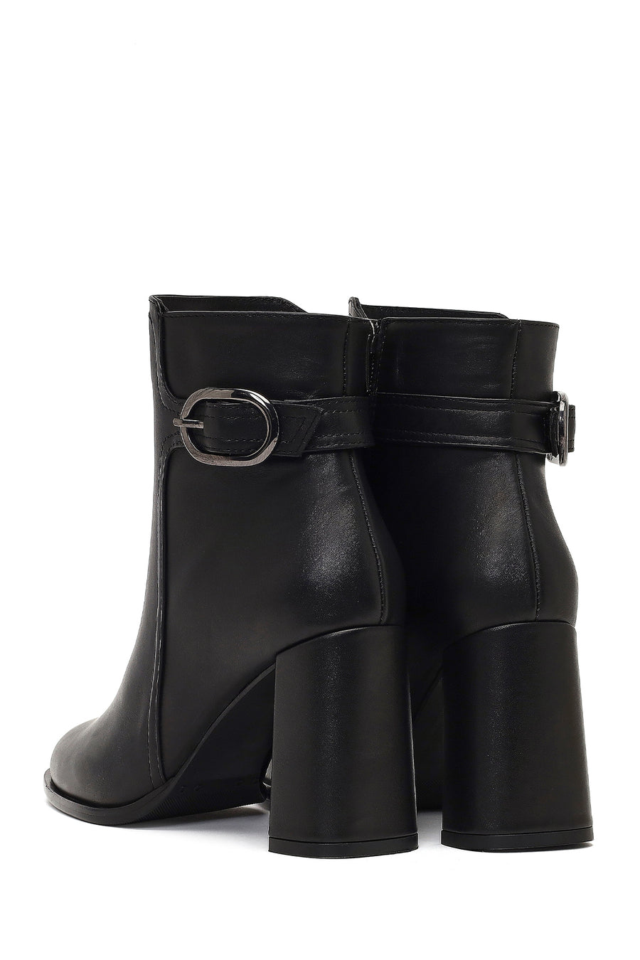 Women's Black Buckled Zippered Thick Heeled Leather Boot