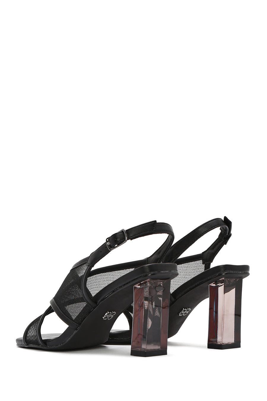 Women's Black Fabric Sandals with Thick Heels and Ankle Buckle