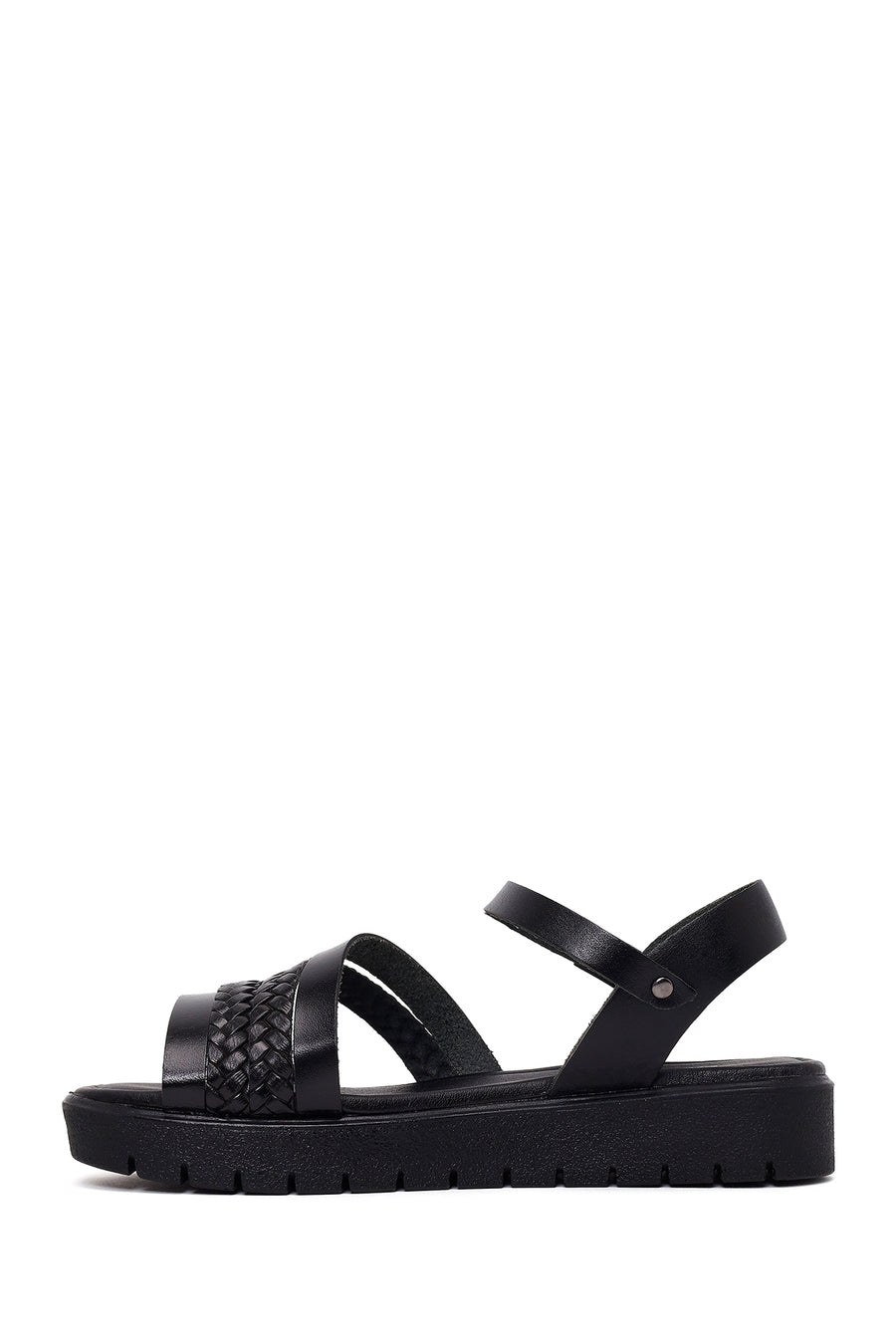 Woman Black Strappy Thick-Soled Braided Leather Bodrum Sandal