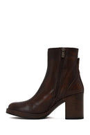 Woman Brown Zip Closure Chunky-Heeled Leather Boots | Derimod