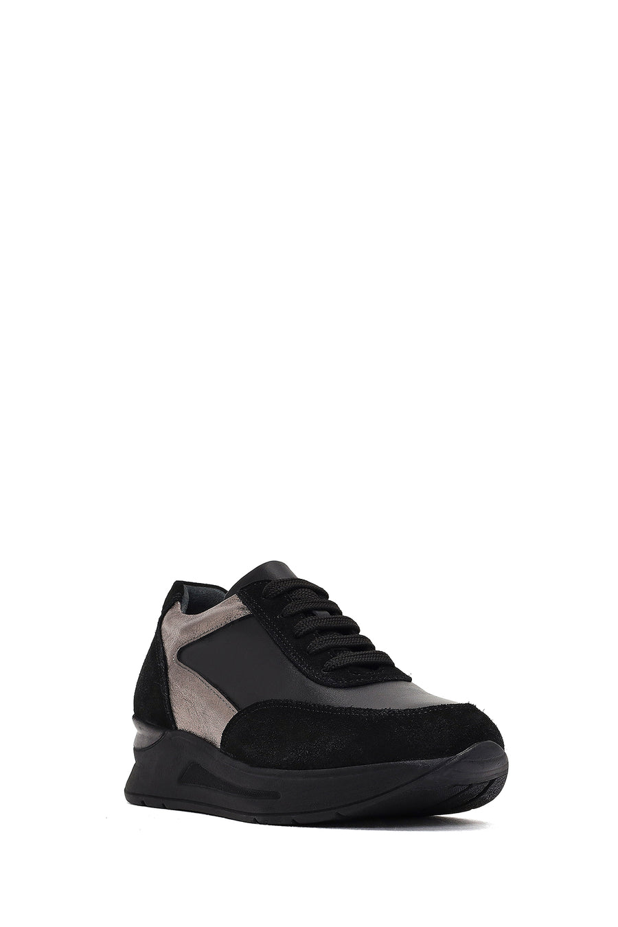 Woman Black Lace-up Wedge Heel Leather Sneaker