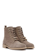Woman Beige Lace-Up Zippered Suede Leather Boat | Derimod