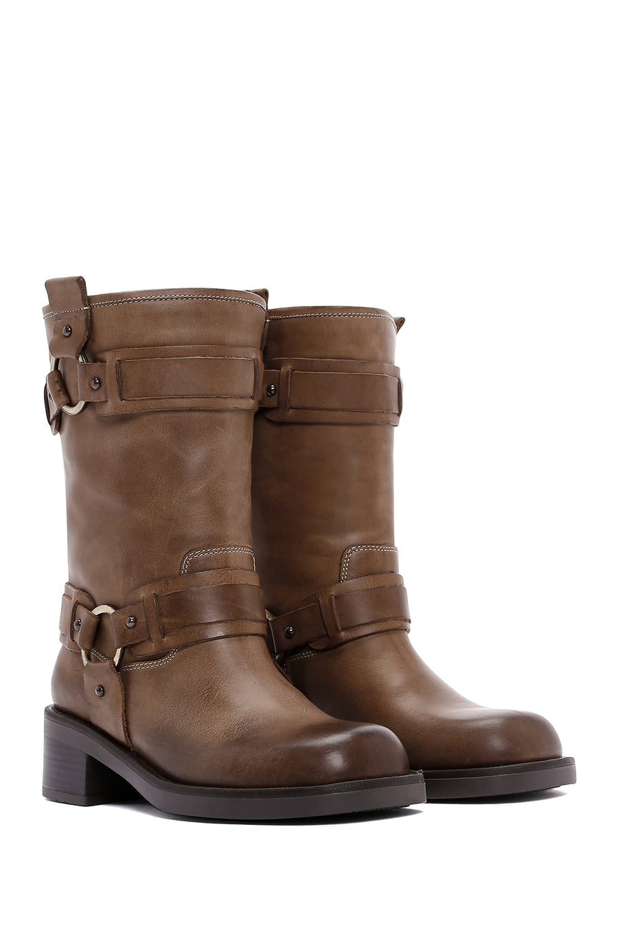 Women's Brown Leather Buckle Boots