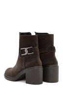 Women's Brown Heeled Zippered Suede Leather Boots | Derimod