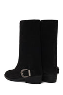 Woman Black Buckled Short Thick-Heeled Suede Boot | Derimod