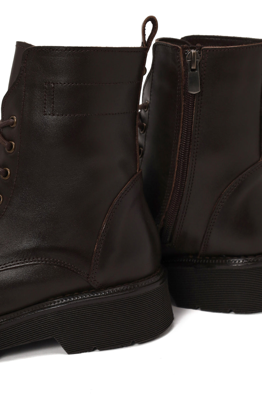 Woman Brown Zip Closure Thick-Soled Leather Combat Boots