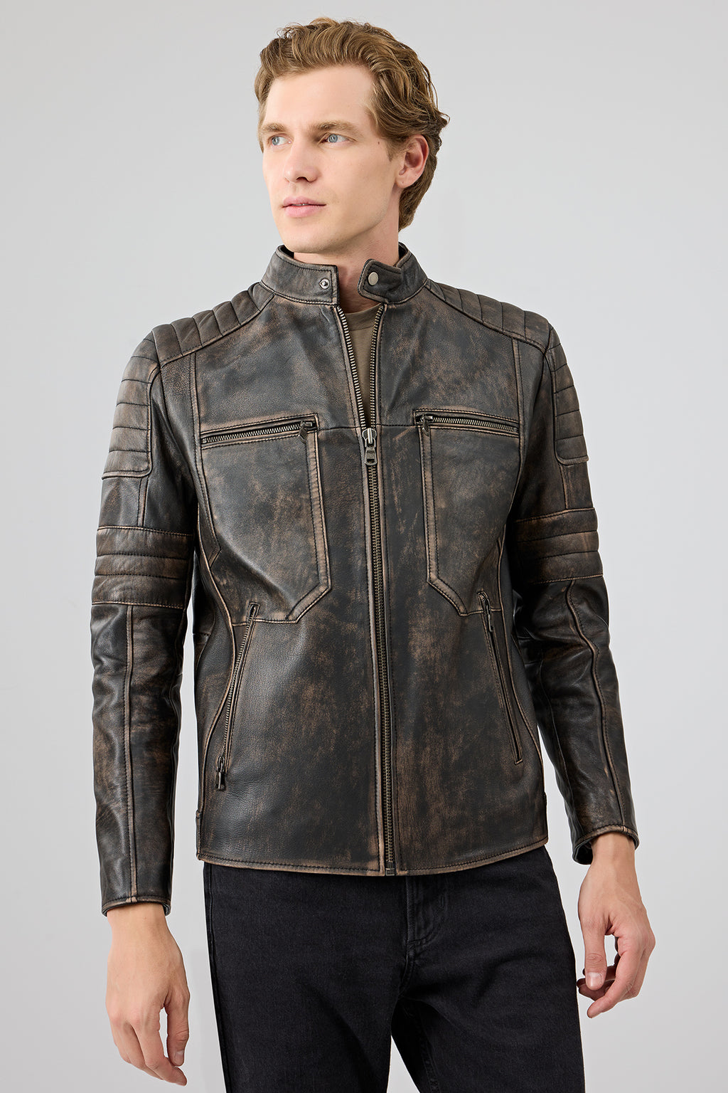 Morant Erkek Kahverengi Vintage Slim-Fit Deri Ceket