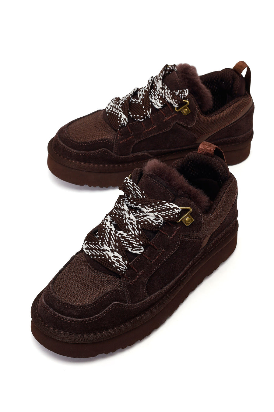 Woman Brown Lace-Up Thick-Soled Furry Suede Teddy Sneaker