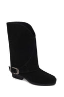 Woman Black Buckled Short Thick-Heeled Suede Boot | Derimod