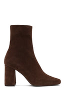 Woman Brown Zip Closure Chunky Heeled Suede Boots | Derimod