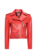 Newage Women's Red Slim-Fit Biker Leather Jacket | Derimod