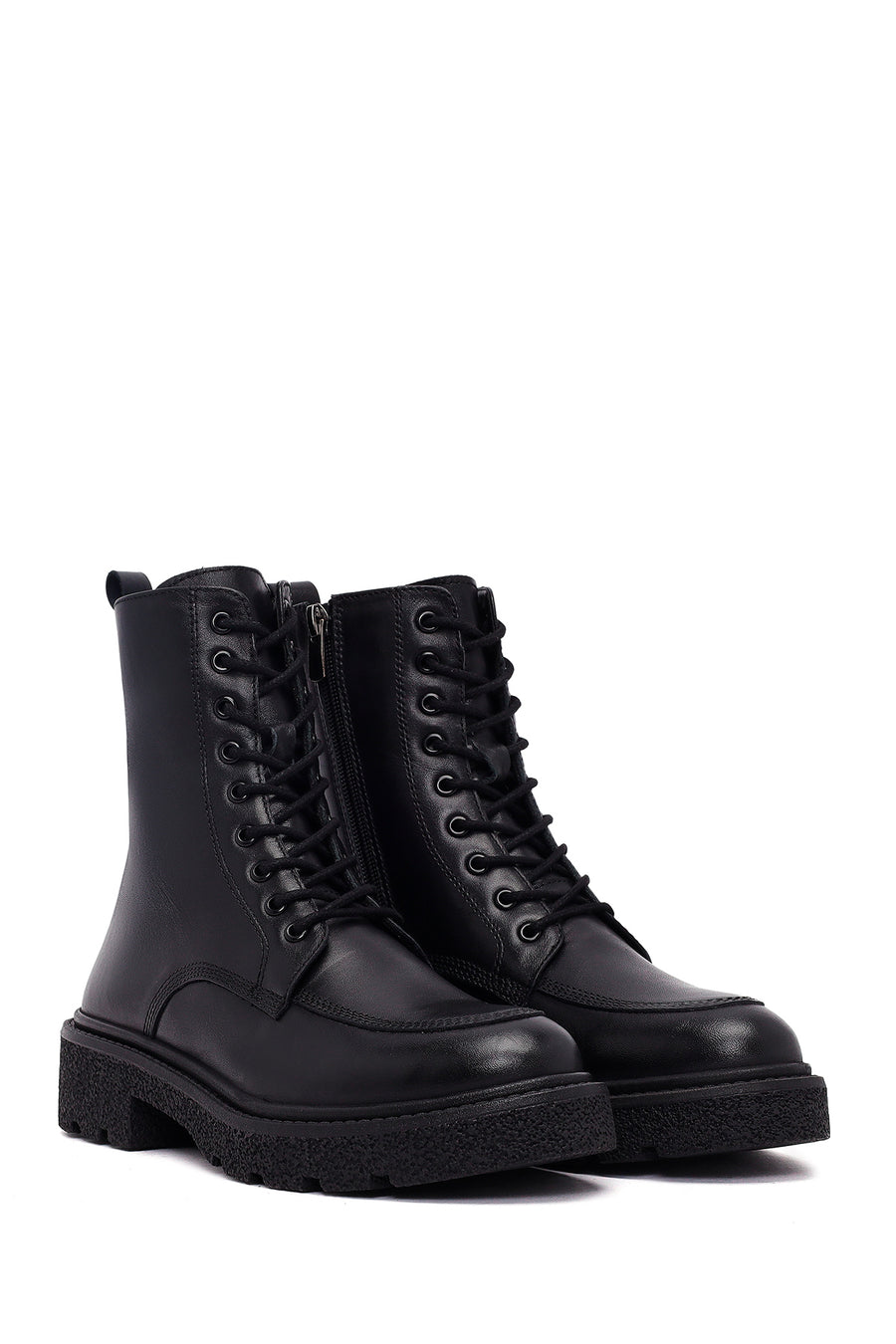 Women's Black Zippered Thick-Soled Leather Ankle Boots